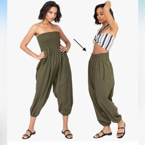 Women’s Jumpsuit Pull Down Romper One Size Cotton Pockets Parachute Harem Pants